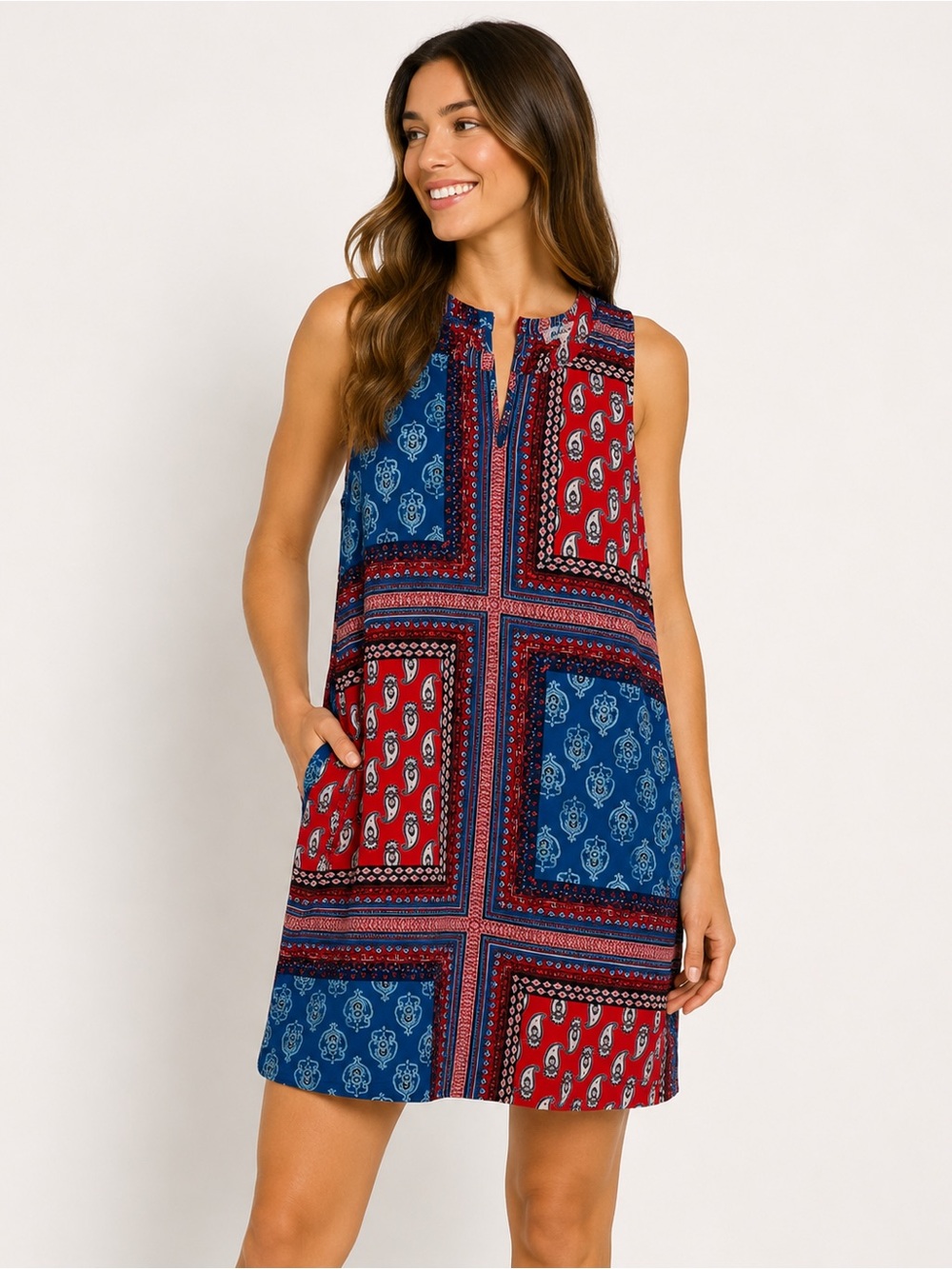 Monteau Red Blue Paisley Patchwork Sleeveless Shift Dress Size Small